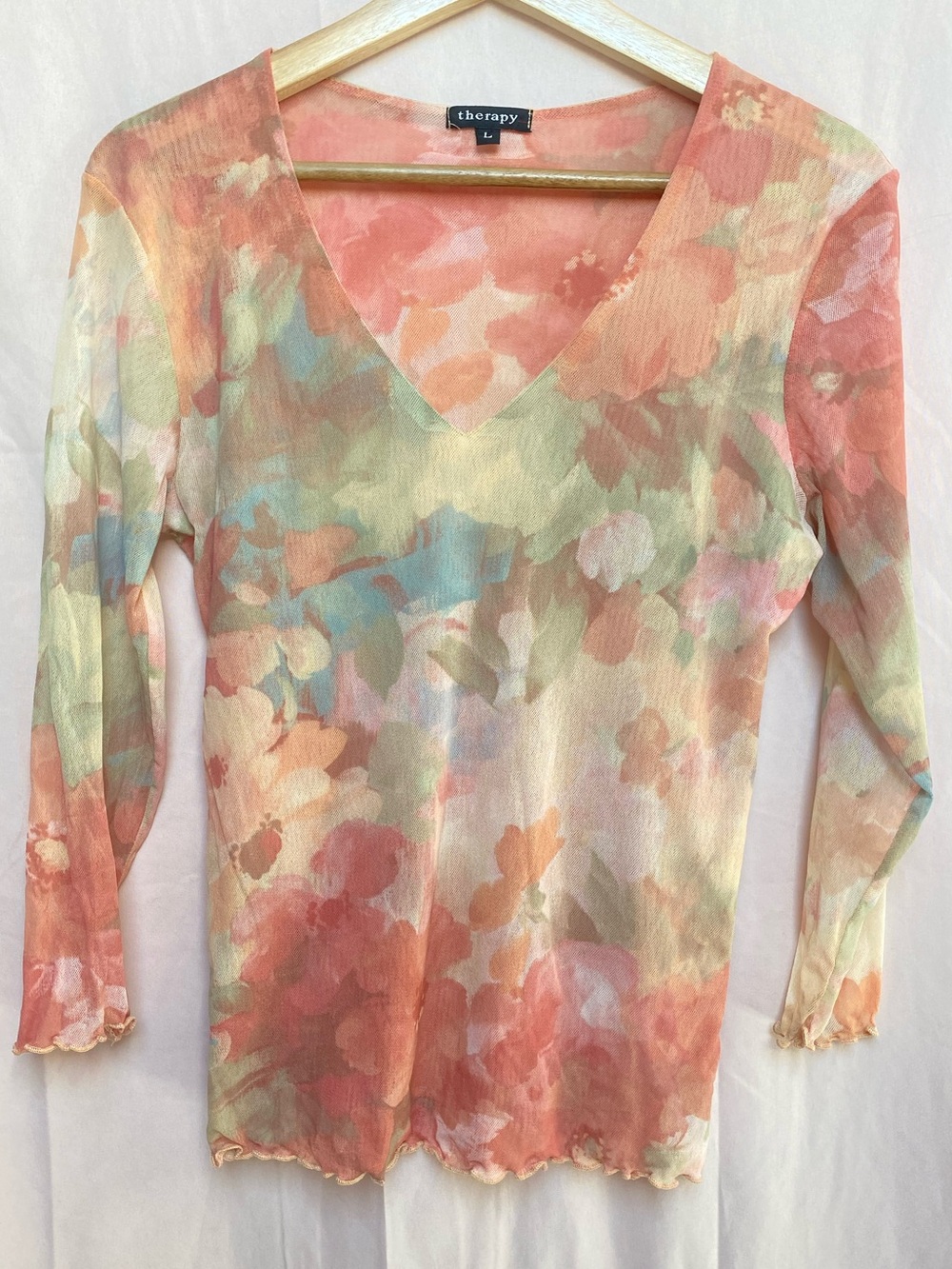 VTG Therapy Floral Watercolor Print V Neck Mesh Top Size Large Y2K Boho Garden